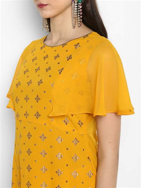 Janasya Women Mustard Foil Print Poly Crepe Kurta Suit Set Jiomart