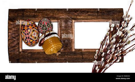 Easter Pussy Willow And Easter Egg On Wooden Background Happy Easter Card With Happy Easter