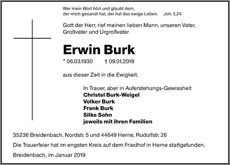 Traueranzeigen Von Erwin Burk Vrm Trauer De