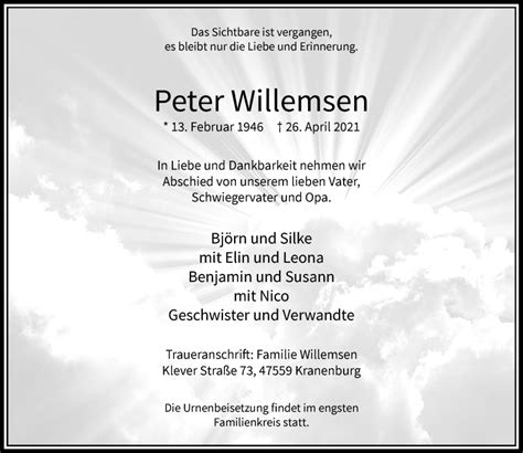 Alle Traueranzeigen für Peter Willemsen trauer rp online de