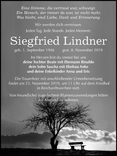 Traueranzeigen Von Siegfried Lindner Abschied Nehmen De