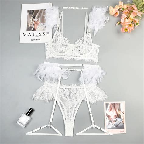 High Quality Women Sexy Feather Eyelash Lace Lingerie Set Transparent Femmes Luxury Breathable