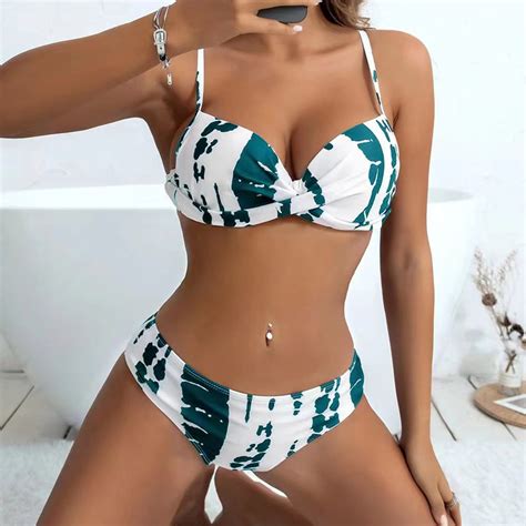 IDALL Bikini Sets Bathing Suit Women Tie Dyed Bandeau Bandage Bikini Set Push Up Brazilian