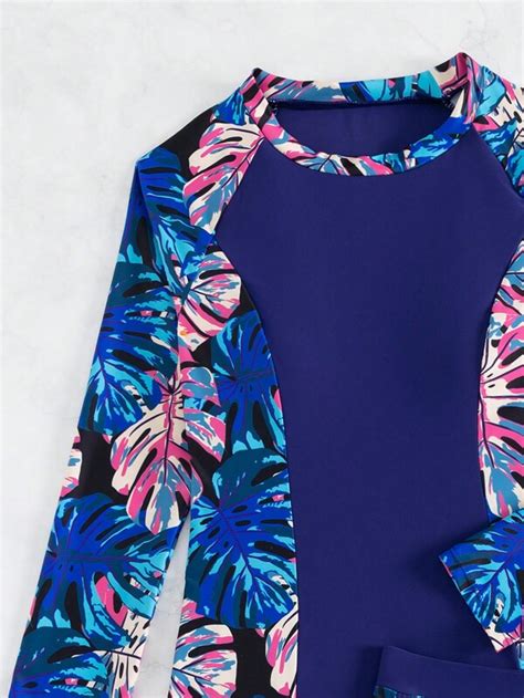 Shein Swim Sprty Tropical Print High Neck Shorts Bikini Swimsuit