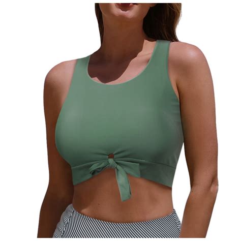 Women S Cut Out Tie Knot Front Scoop High Neck Tank Crop Top Bikini Swimsuit Top Walmart