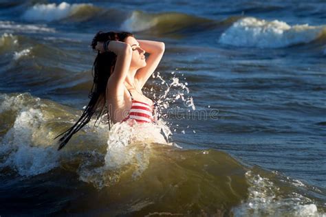 Woman In In American Flag Bikini In Water Sea Waves Fashion Stock Photo Image Of Flag Body