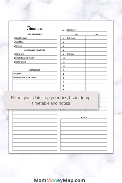Time Box Planner Printable Pdf Mom Money Map