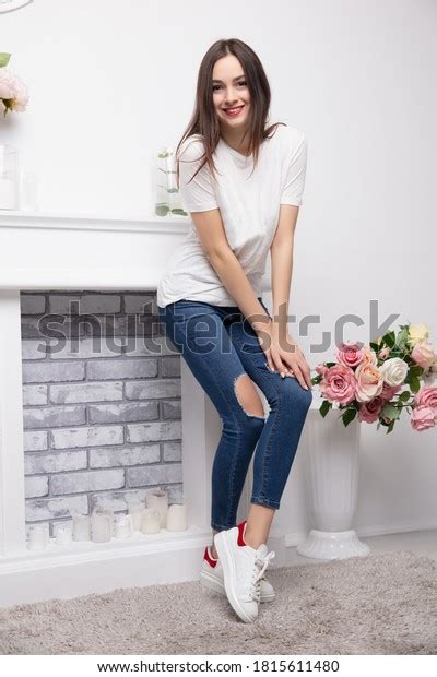 Sexy Brunette Dressed Jeans Tshirt Posing Stock Photo 1815611480
