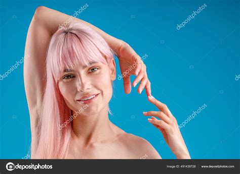 Portrait Of Naked Tattooed Woman With Pink Hair And Perfect Skin Smiling At Camera Posing With