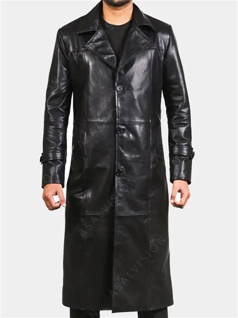 Mens Long Black Leather Trench Coat Asal Vision