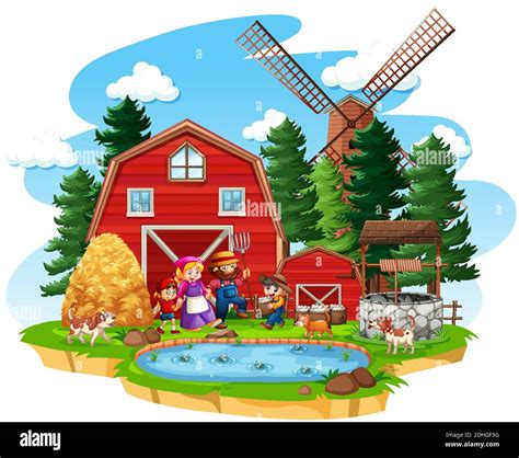 Ferme Avec Grange Rouge Et Moulin Vent Sur Fond Blanc Illustration