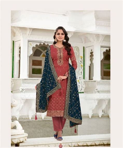 Rust Embroidery Georgette Semi Stitch Churidar Suits Churidar Salwar