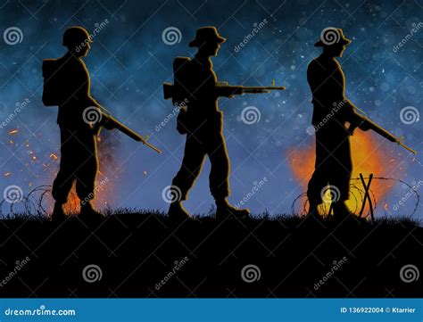 Vietnam War Image With 3 Us Soldier Silhouettes Stock Illustration