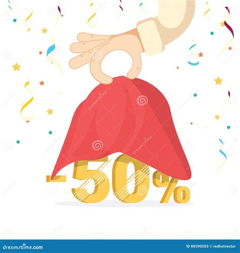 Discounts Opening Concept. Man Hold Hand a Red Silk Cloth, Opening 50