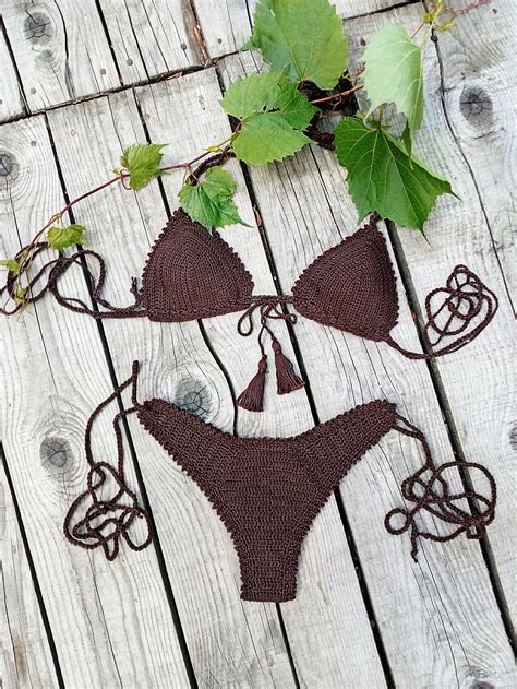 Crochet Bikini Set Brazilian Maroon Brown With Tassels Etsy