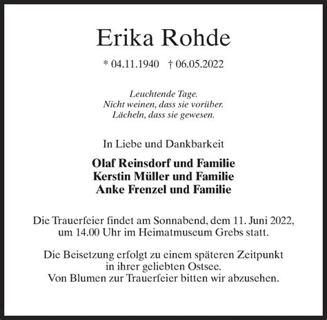 Traueranzeigen Von Erika Rohde Trauer Anzeigen De