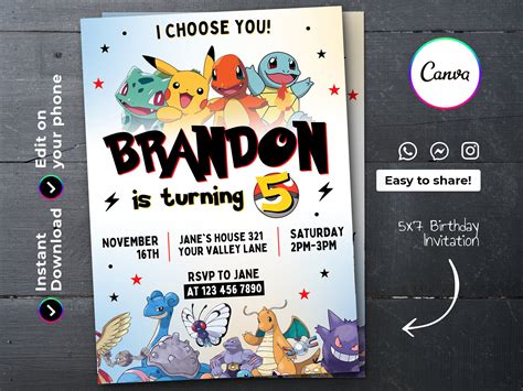 Editable Pikachu Birthday Invitation Template Printable Etsy