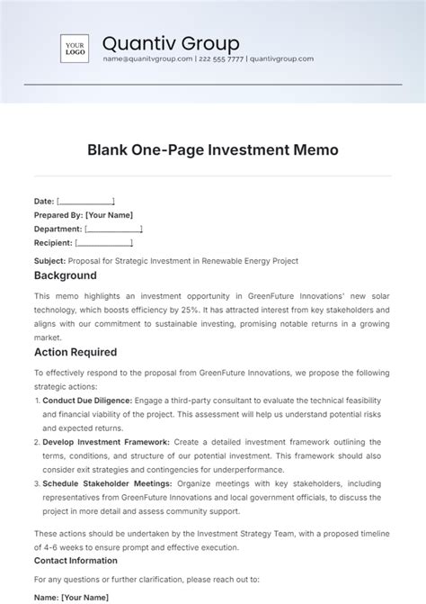 Free Blank One-Page Investment Memo Template to Edit Online