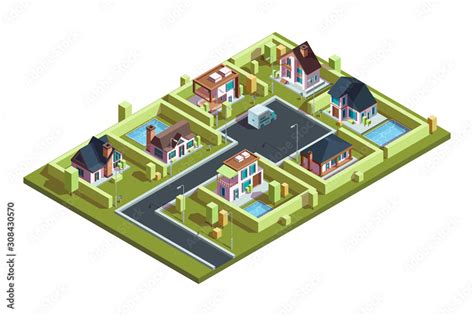 Cottage Village Isometric Suburban Modern Residential Houses