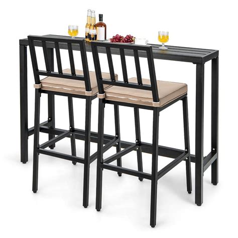 Costway 3-Piece Metal Patio Outdoor Dining Table Set Metal Bar Table ...