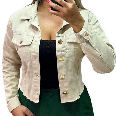 Jaqueta Jeans Feminina Bege Nude Desfiada Linha Premium Shopee Brasil