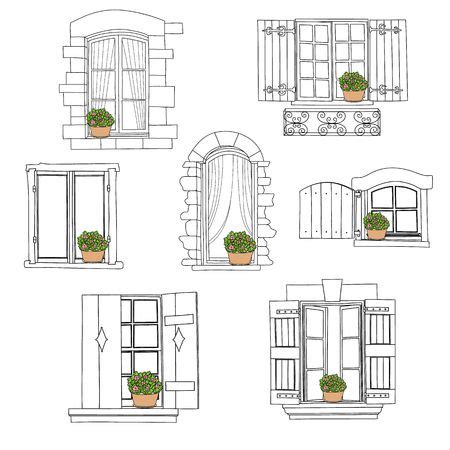 Window Set Different Architectural Style Of Windows Doodle Sketch