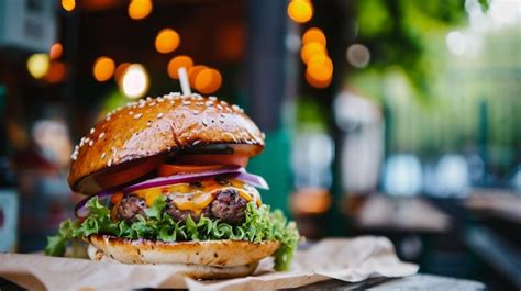 Premium Photo Vegan Burger In The Street Market Generative Ai