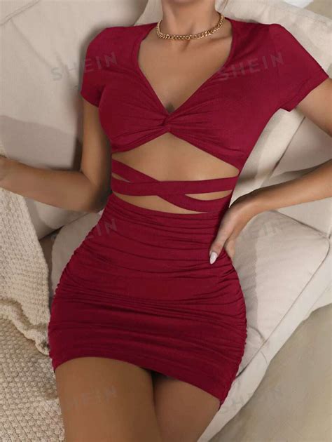 Shein Essnce Criss Cross Cut Out Ruched Side Bodycon Dress Shein Eur