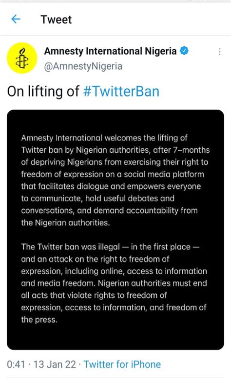 The Ban Was Illegal Amnesty Reacts To Restoration Of Twitter In