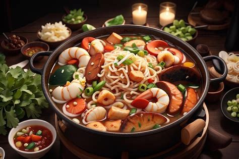 Premium Ai Image Noodles Spicy Boil With Seafood Shrimp Vegetable Food And Pork In Hot Pot