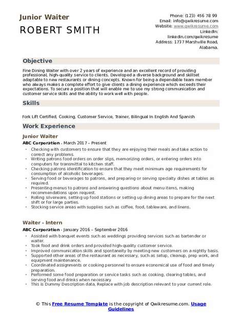 Waiter Resume Samples Qwikresume