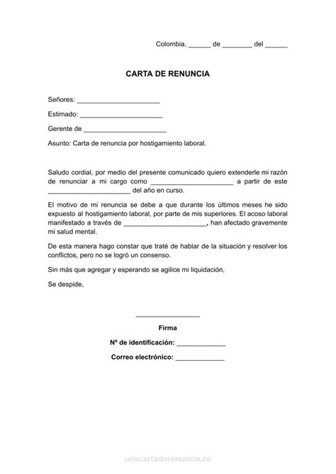 Carta De Renuncia Por Hostigamiento Laboral Ejemplos