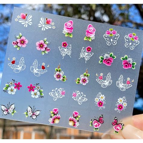 MINI CARTELÃO adesivos para unhas 30 UNIDADES Borboletas e flores