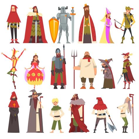中世の人物 キャラクター 農民王 魔術師 騎士 ヘッドマン 弓箭手とジョスター ベクトルセット Premiumベクトル素材
