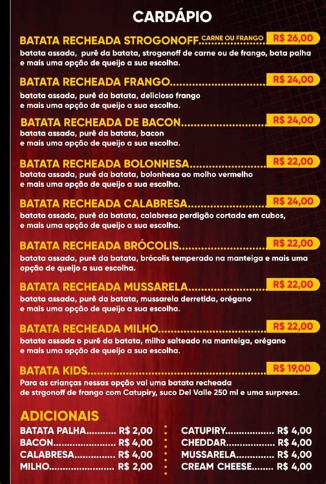 Menu At Batata Recheada Delivery Restaurant Hortol Ndia