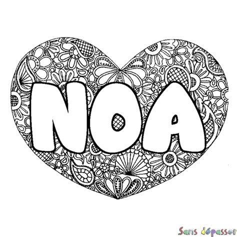 Coloriage prénom NOA décor Mandala coeur Sans Dépasser