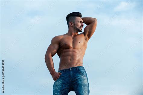 Strong Man With Muscular Body Sexy Male Bare Torso Shirtless Athletic Hot Naked Guy With