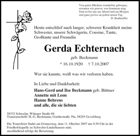 Traueranzeigen Von Gerda Echternach Trauer In Nrw De