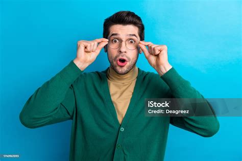 Photo Of Impressed Speechless Person Arms Touch Glasses Open Mouth Staring Cant Believe Isolated