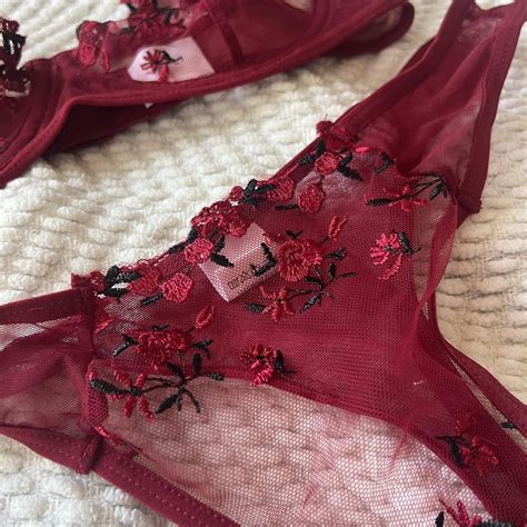 Burgundy Floral Sheer Lingerie Set S Depop