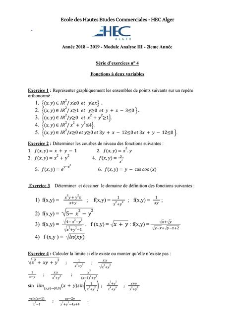 Solution Exercices Fonctions Deux Variables Docx Studypool