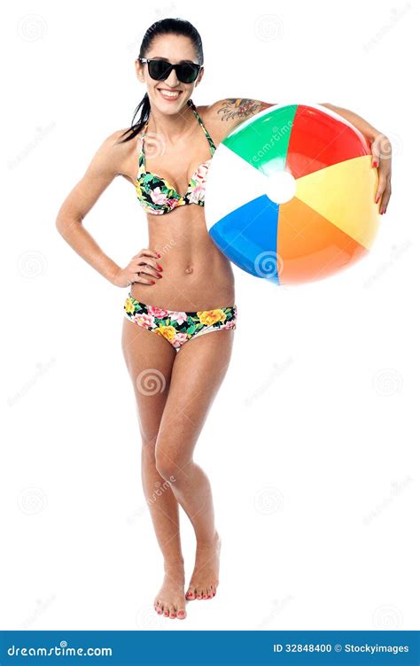 Bikini Woman Holding Colorful Beach Ball Stock Photo Image Of Leisure