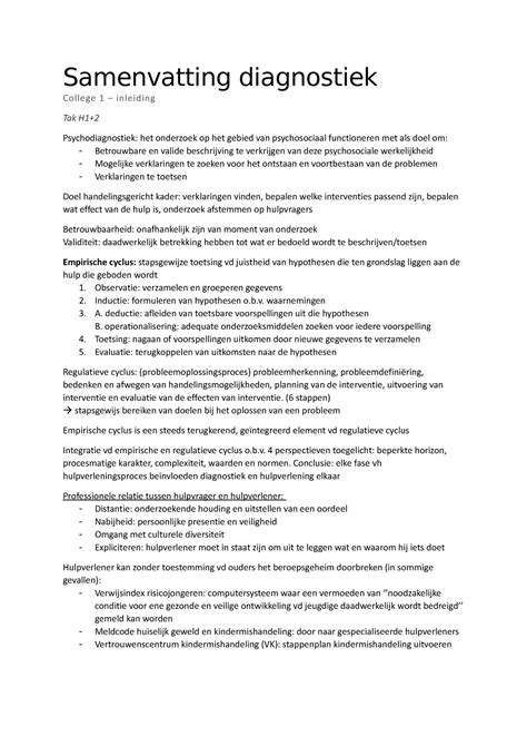 Samenvatting Diagnostiek Samenvatting Diagnostiek College 1