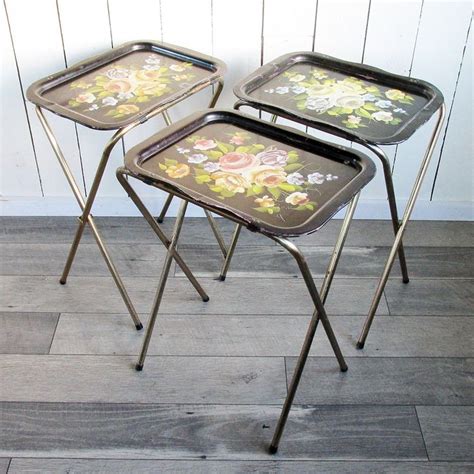 Mid Century Folding Metal Litho Tv Trays Black With Floral Etsy