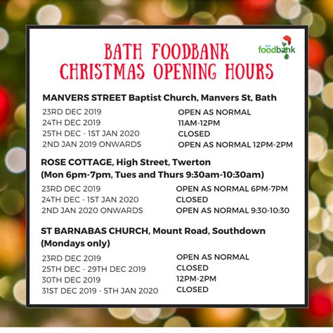 Christmas Opening Hours 2019 Bath Foodbank