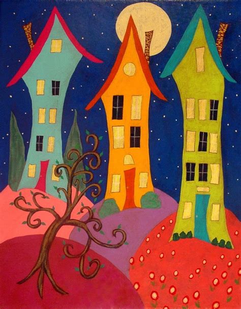 Modern Folk Art Landscape Houses Original Painting J Blake | Etsy