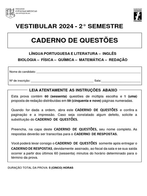 Vestibular Questões - Caderno de Questoes Vestibular de Medicina 2.2024 1 | PDF | Célula ...
