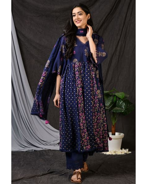 Blue Printed Gathered Anarkali Kurta With Pants And Dupatta Set Of Three By Jalpa Shah The