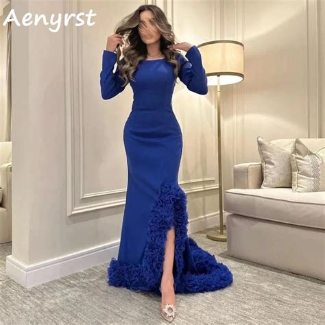 Aenyrst Royal Blue Long Sleeves Ruffles Saudi Arabia Prom Dresses