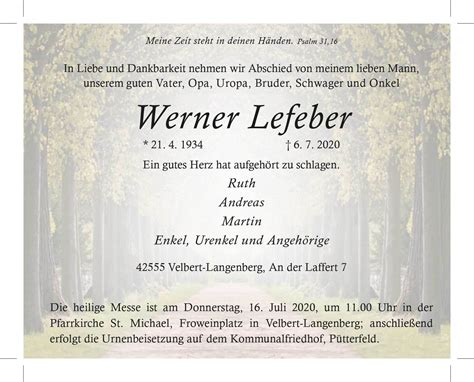 Werner Lefeber † 6. 7. 2020 - Bestattungshaus Sonnenschein